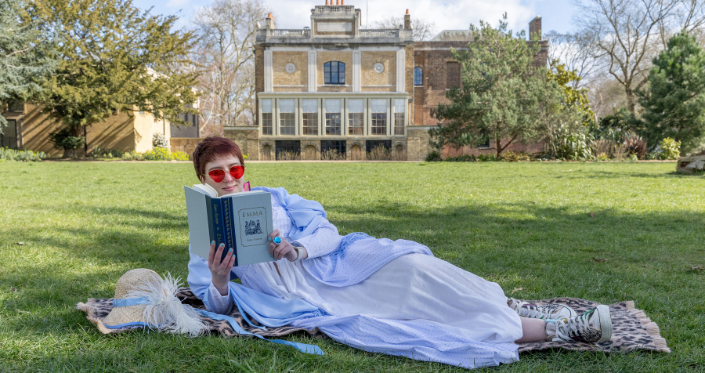 Reading Emma on the lawn